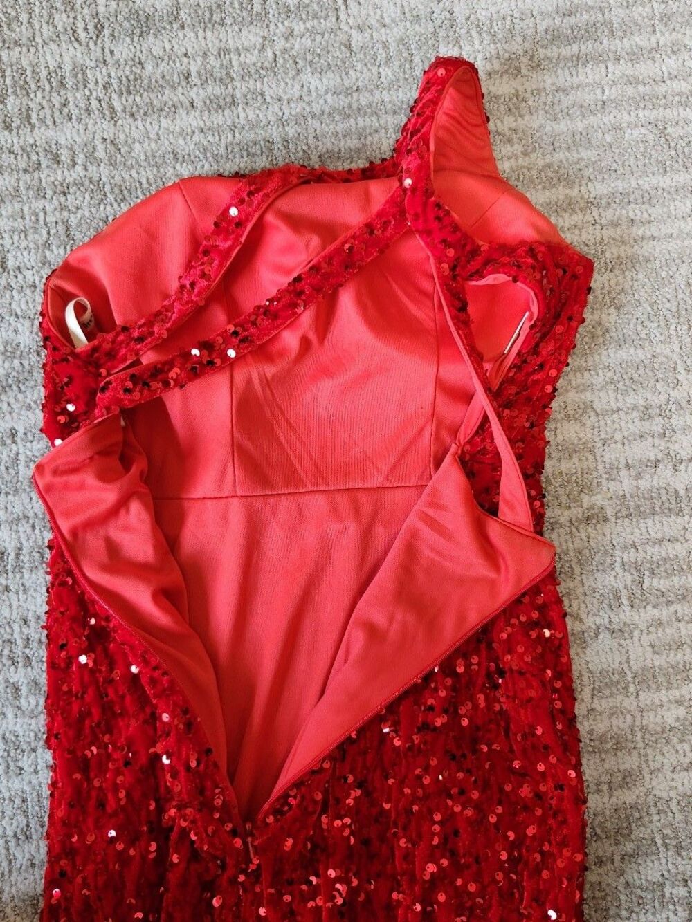 Red Sequin One Shoulder Crushed Velvet Maxi Dress with High Slit size 00 - Picture 11 of 12